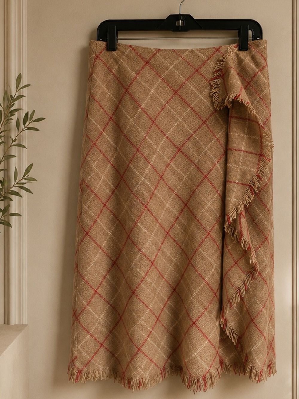 Anthropologie Wool Blend Plaid Fringe Trim Midi Skirt Size 6